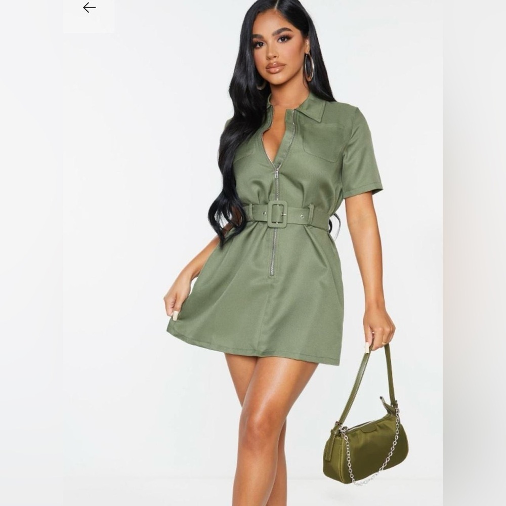 Pretty Little Thing PETITE Khaki Zip Detail Belted Dress
